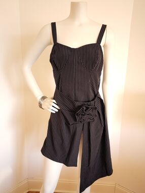 Black Pinstripe Sleeveless Dress with Waist Tie